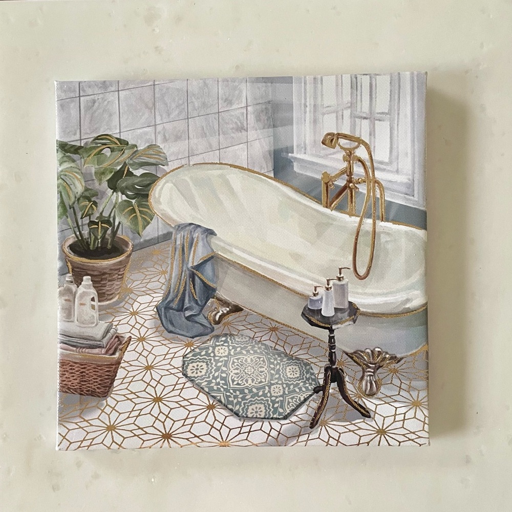 Elegant Metallic Gold Bathtub Canvas Wall Decor